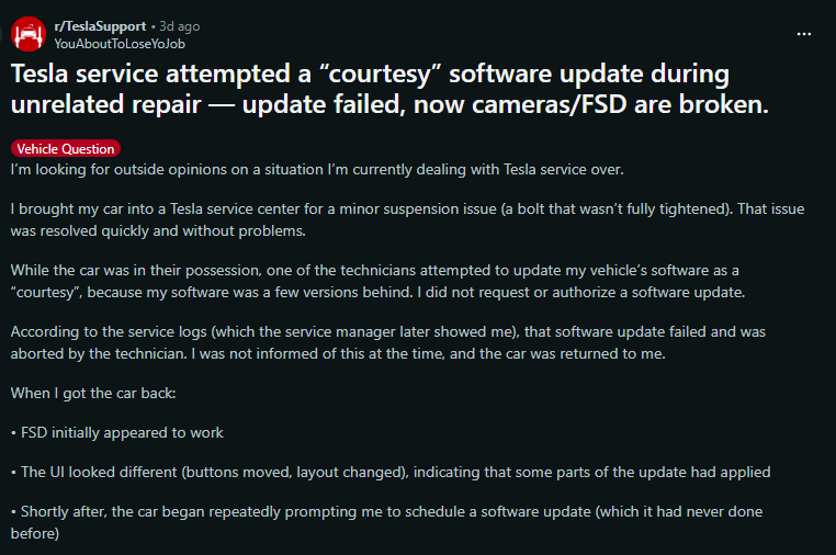 Screenshot of a Reddit post discussing Tesla service issues after a failed software update affecting cameras and FSD